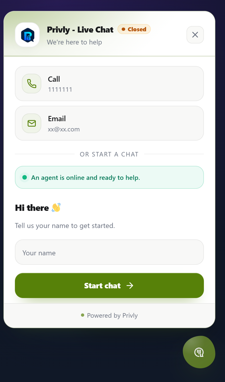 Privly customer widget screenshot